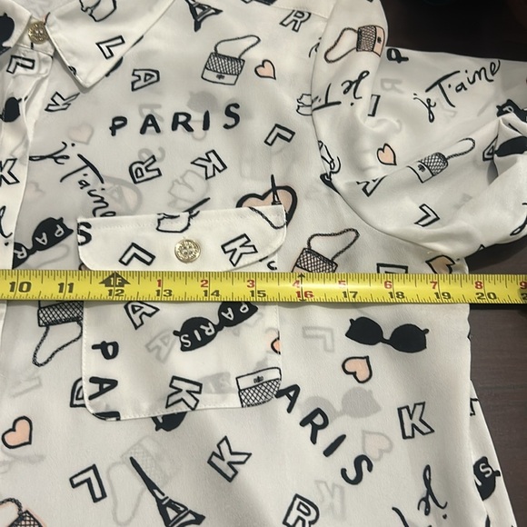 Karl Lagerfeld French Streets Roll Sleeve Button Down Blouse White & Black Sz M - Picture 15 of 17